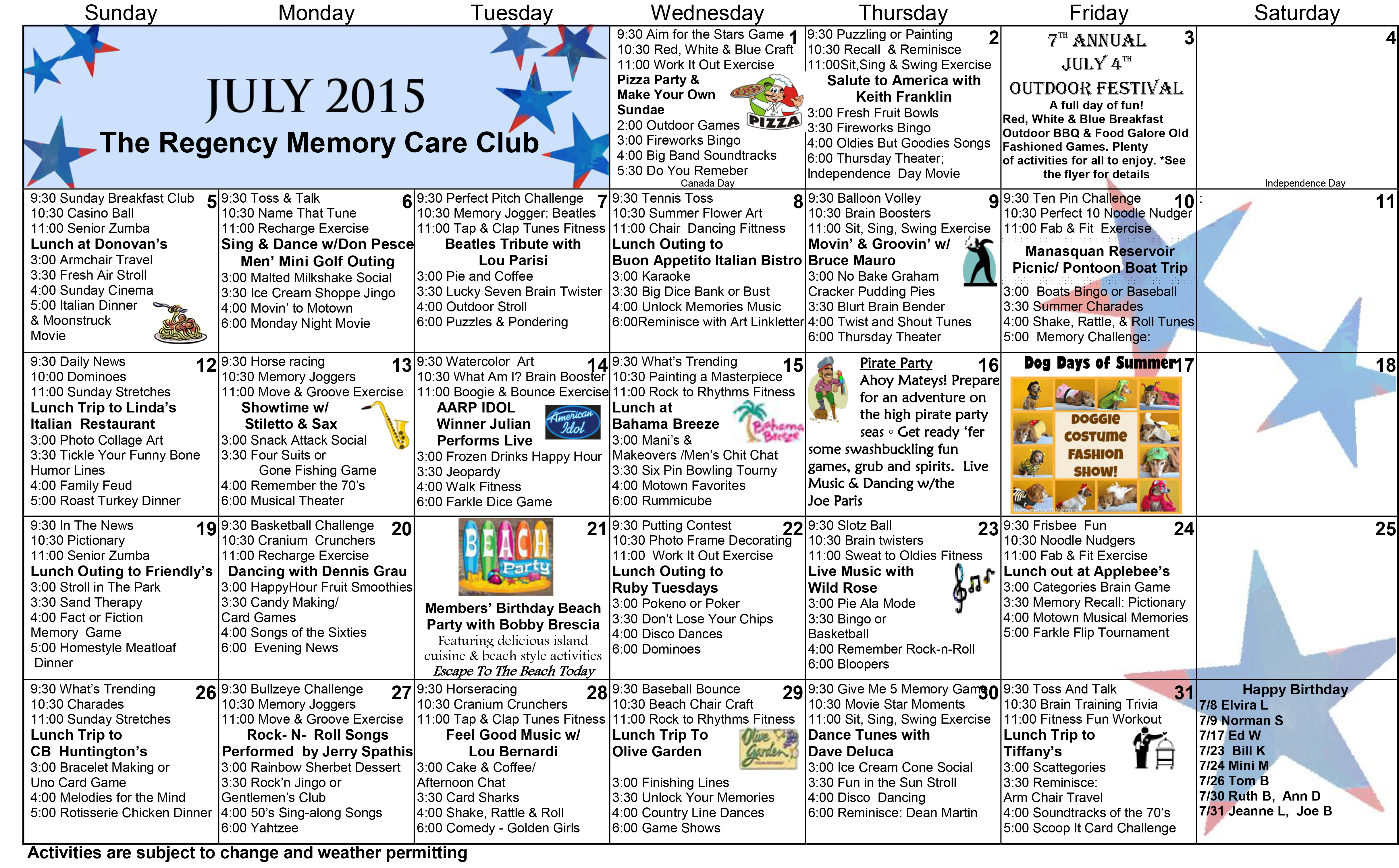 July 2015 Calendar of Events