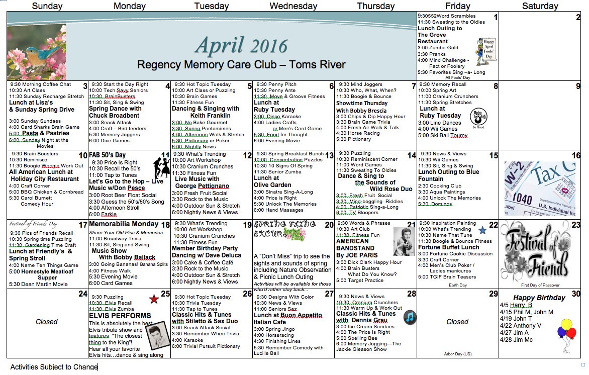 Regency Memory Care Toms River April 2016 Events