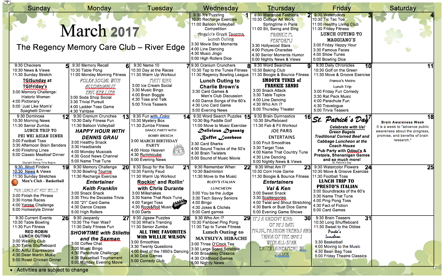 River Edge March 2017 Events