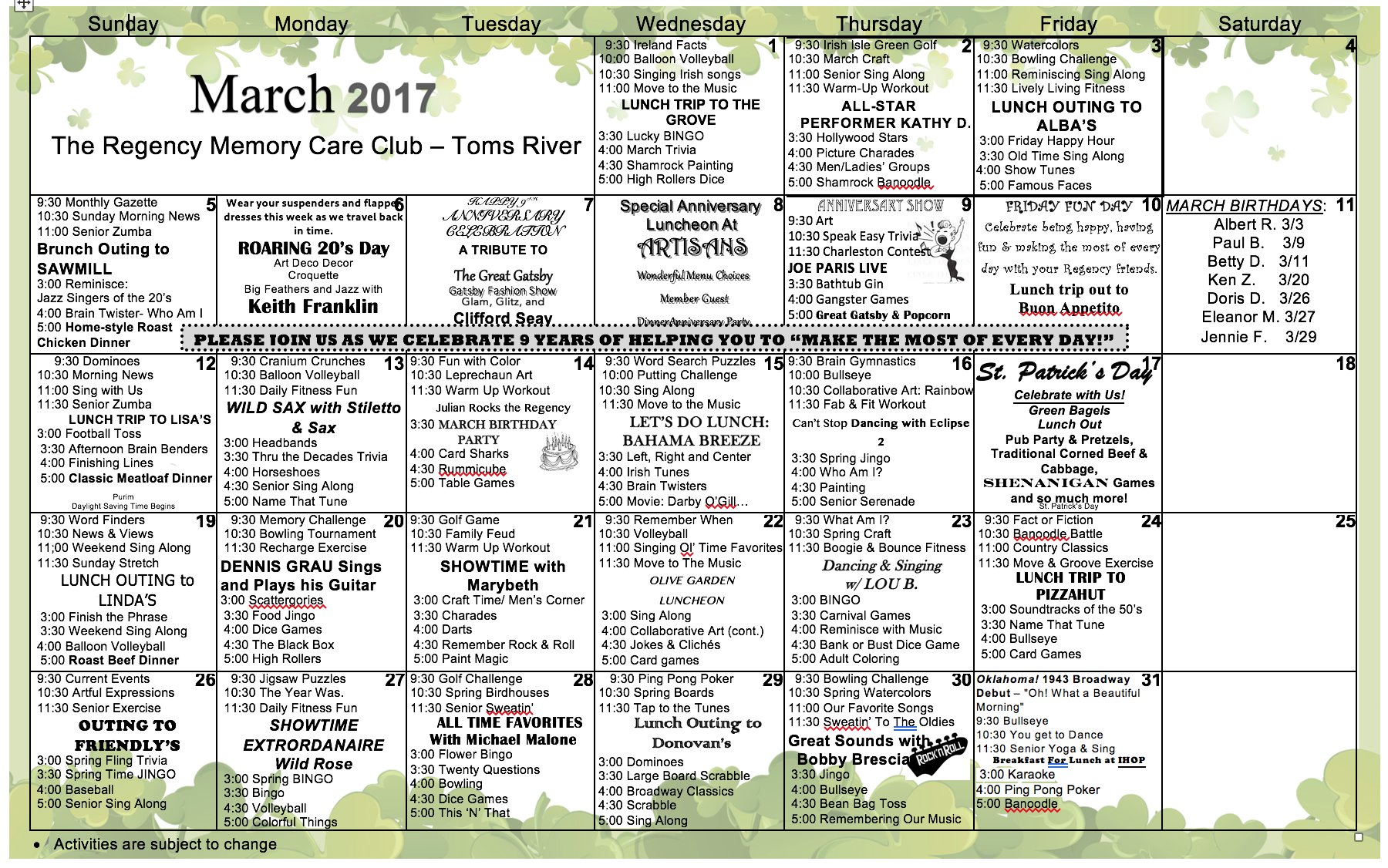 Toms River March 2017 Events