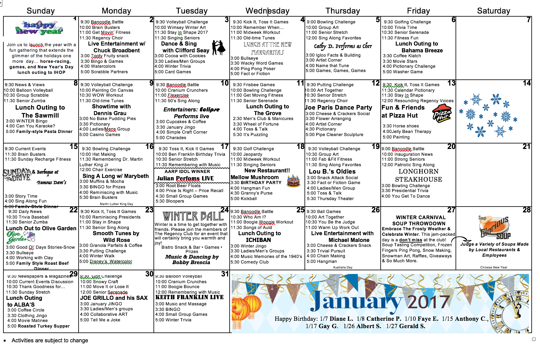 January Calendar 2017 Toms River