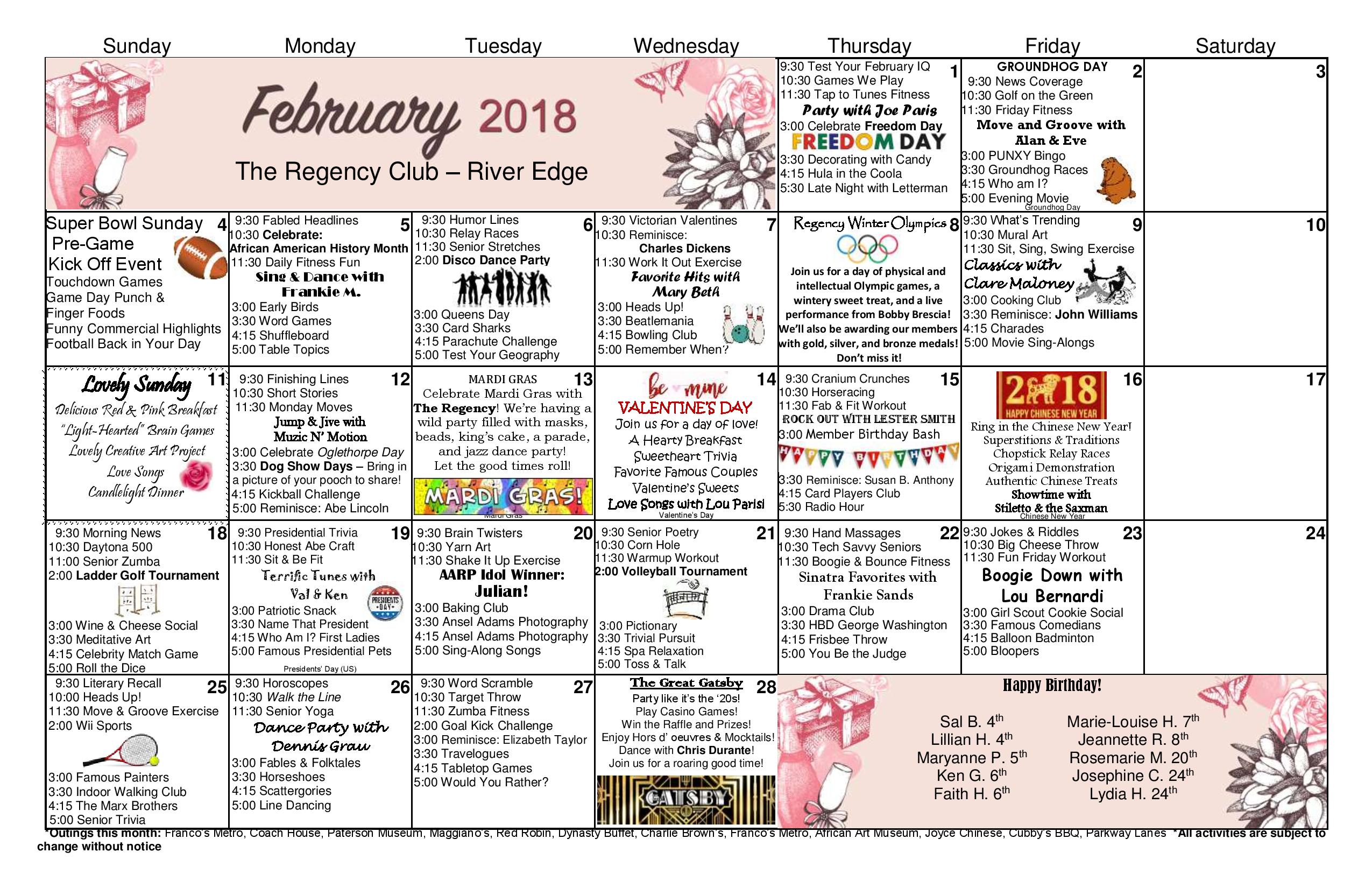 February Calendar 2018 Rivers Edge