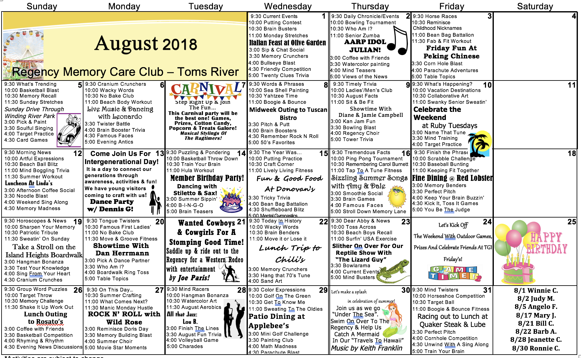 Toms River August Events Regency Memory Care
