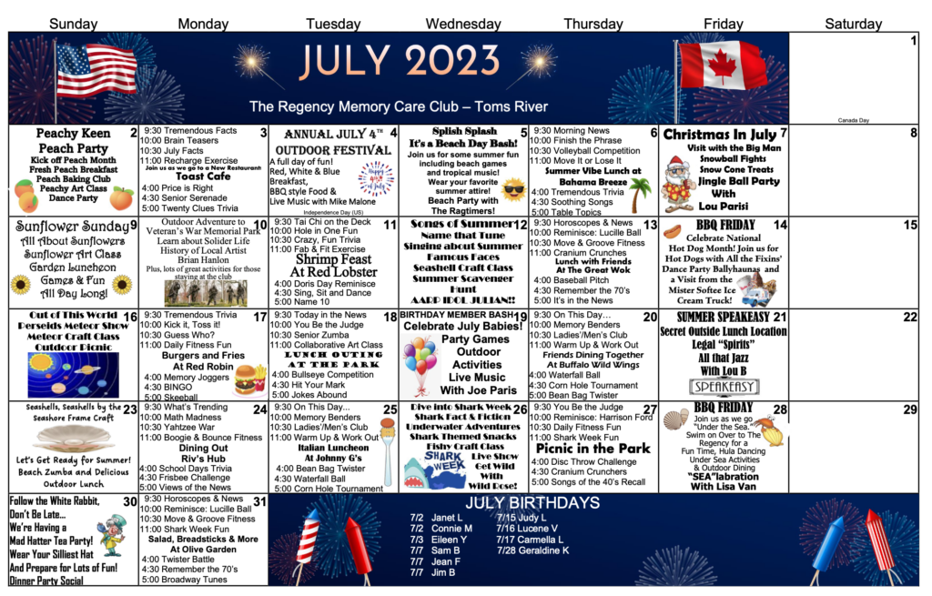 Memory Care Toms River July Calendar 2023